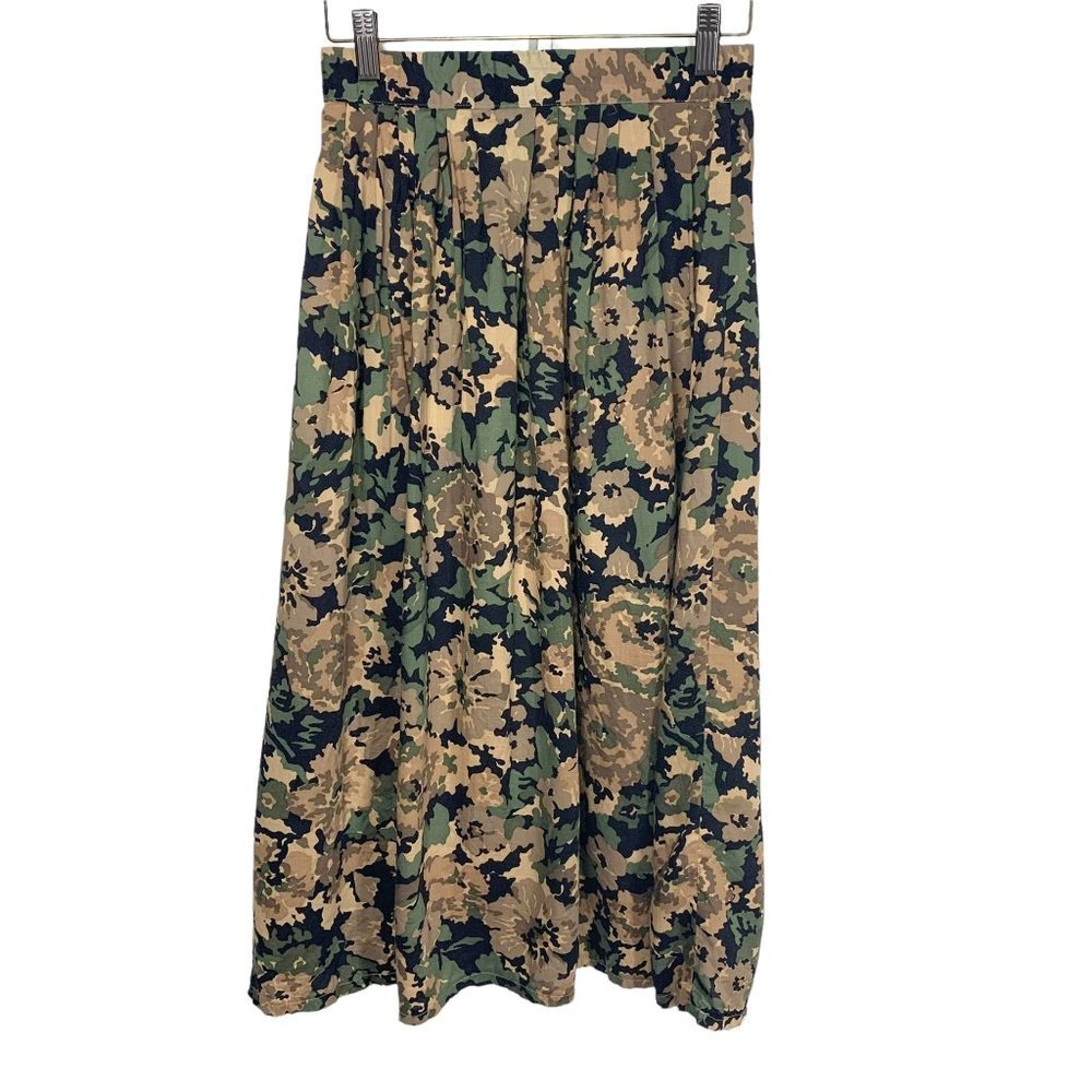 Vintage 90s Green Tan Floral Print Full Skirt Small